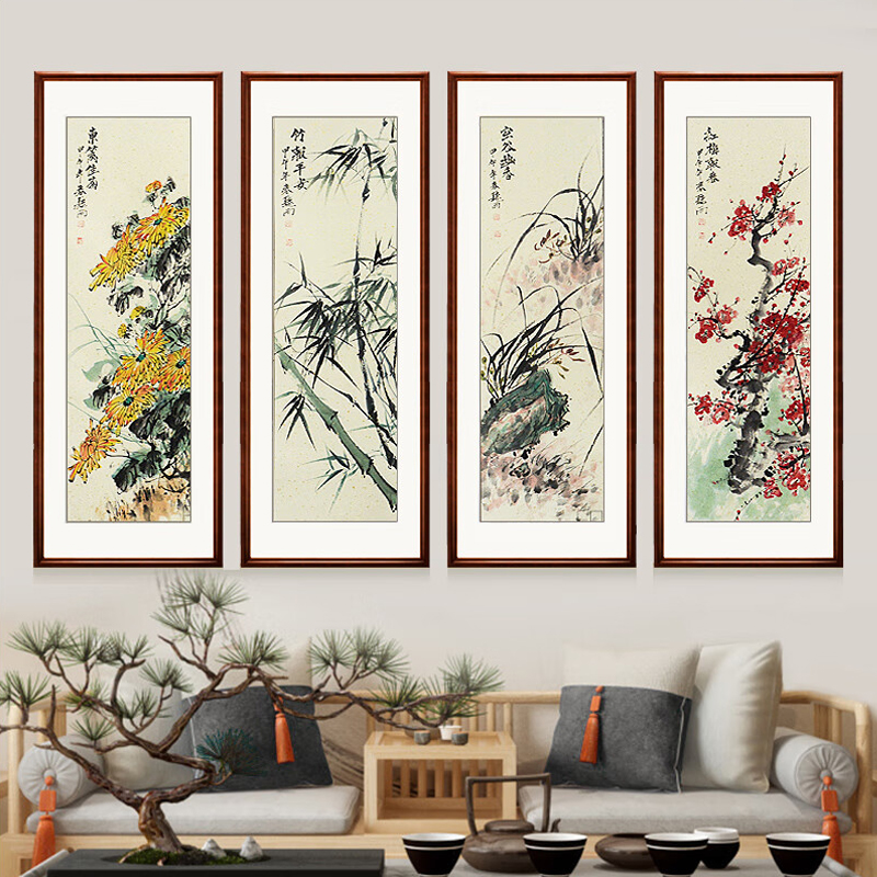 中式空间中的梅兰竹菊四联艺术装饰画