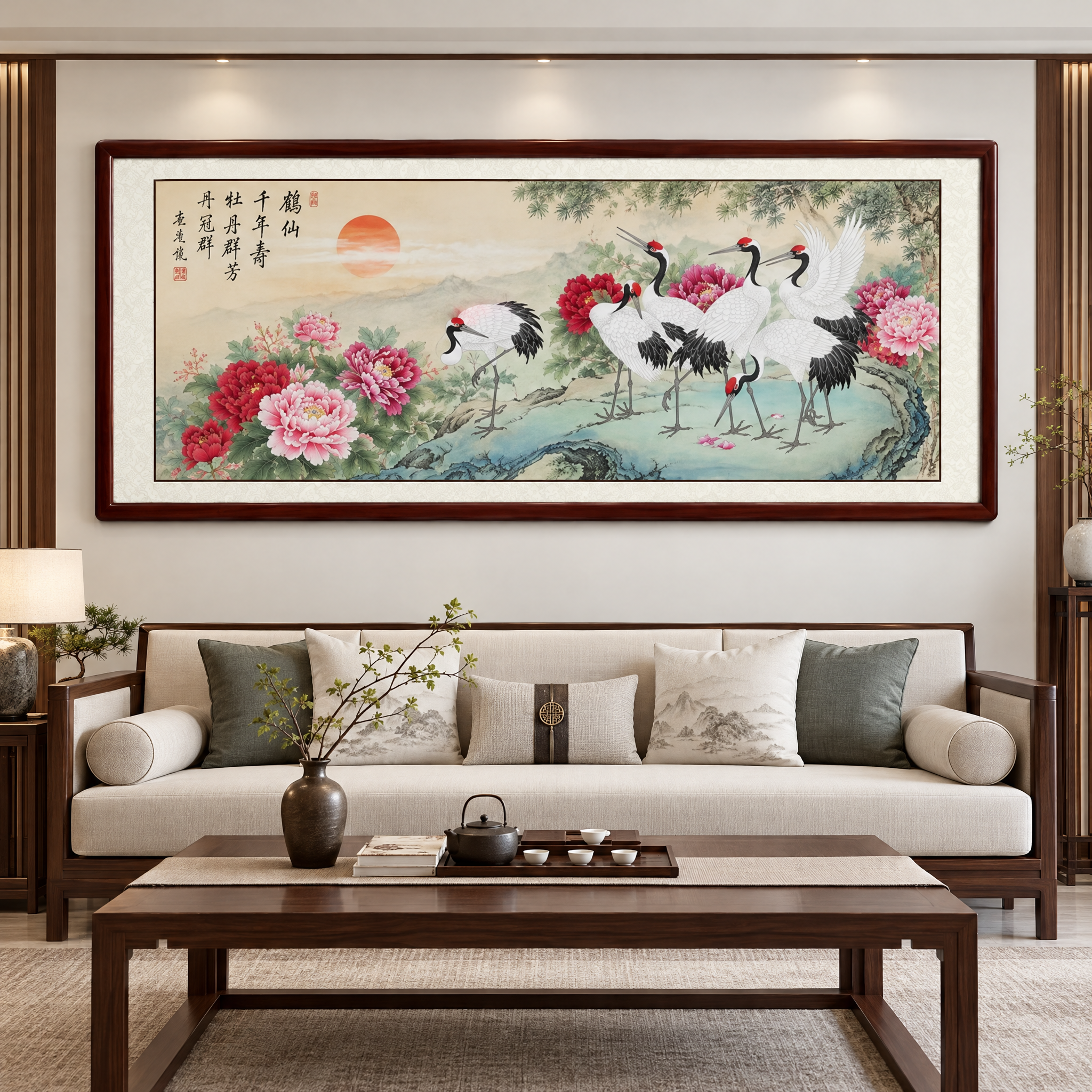 鹤仙千寿横幅艺术画的客厅陈设