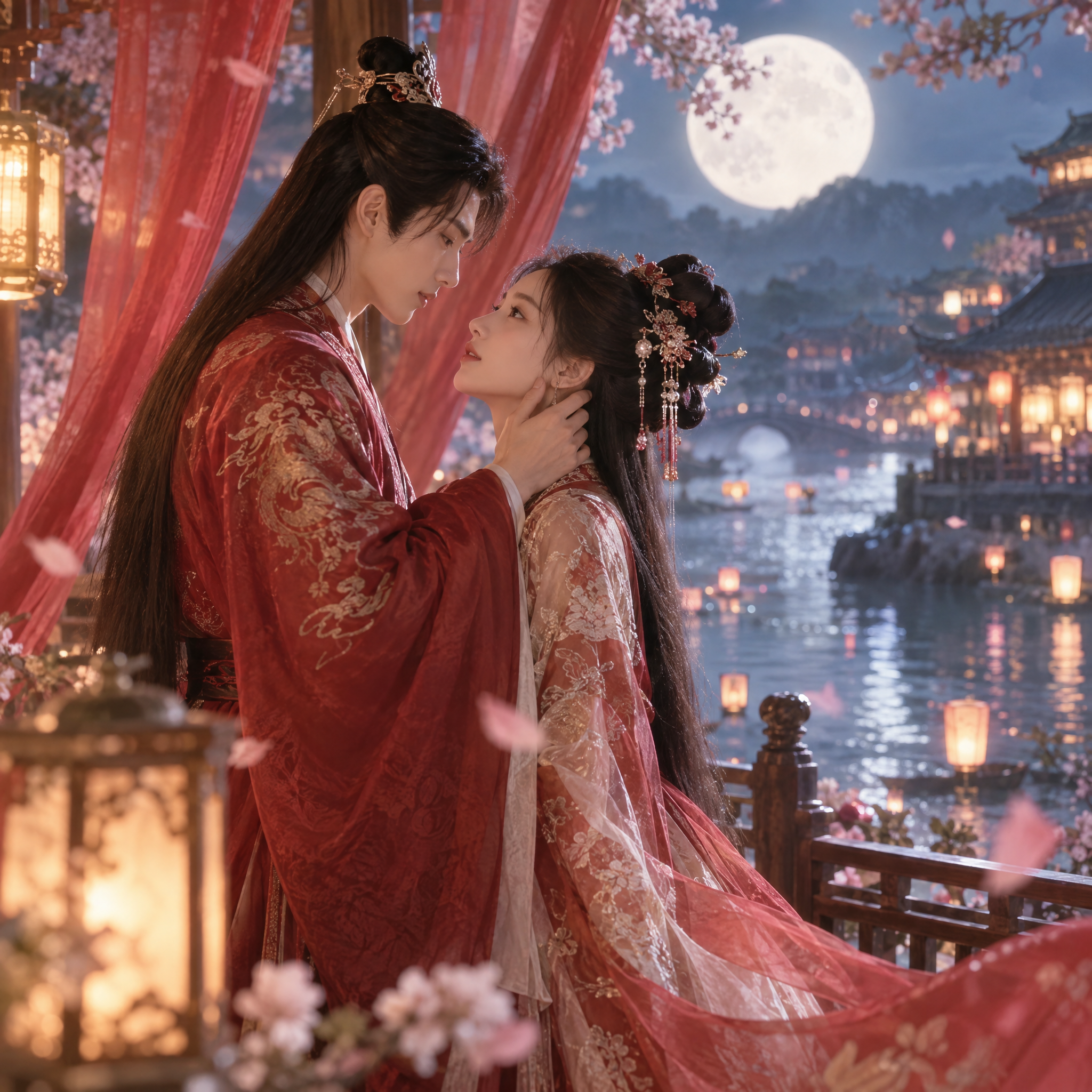 古风月夜场景中的双人情感电影画面