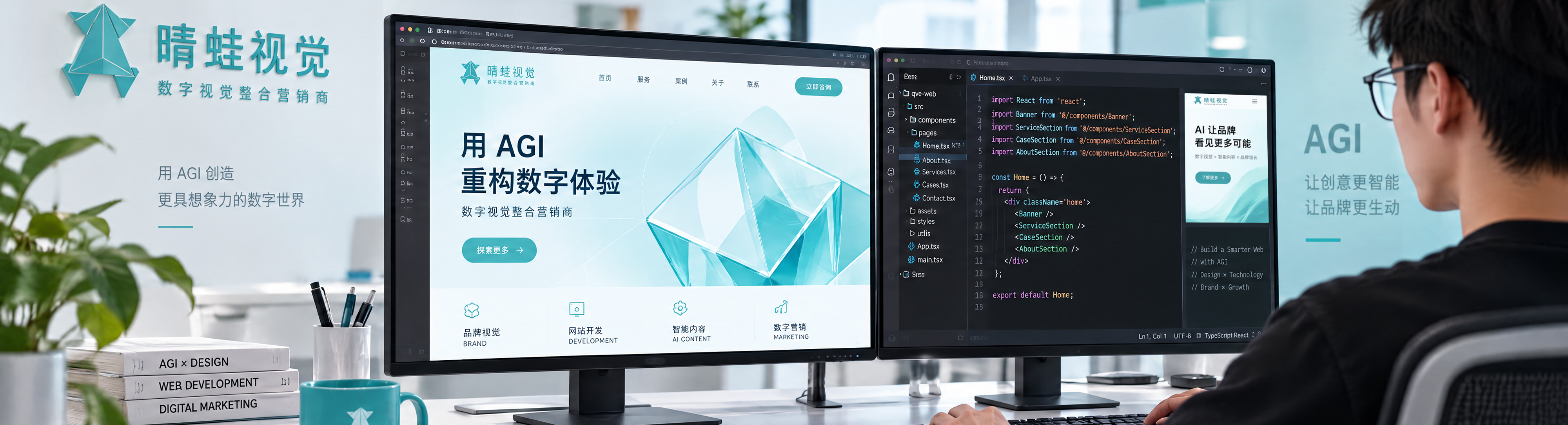 AGI：晴蛙视觉工作台场景，设计师在双屏前开发数字视觉与 AI 内容。