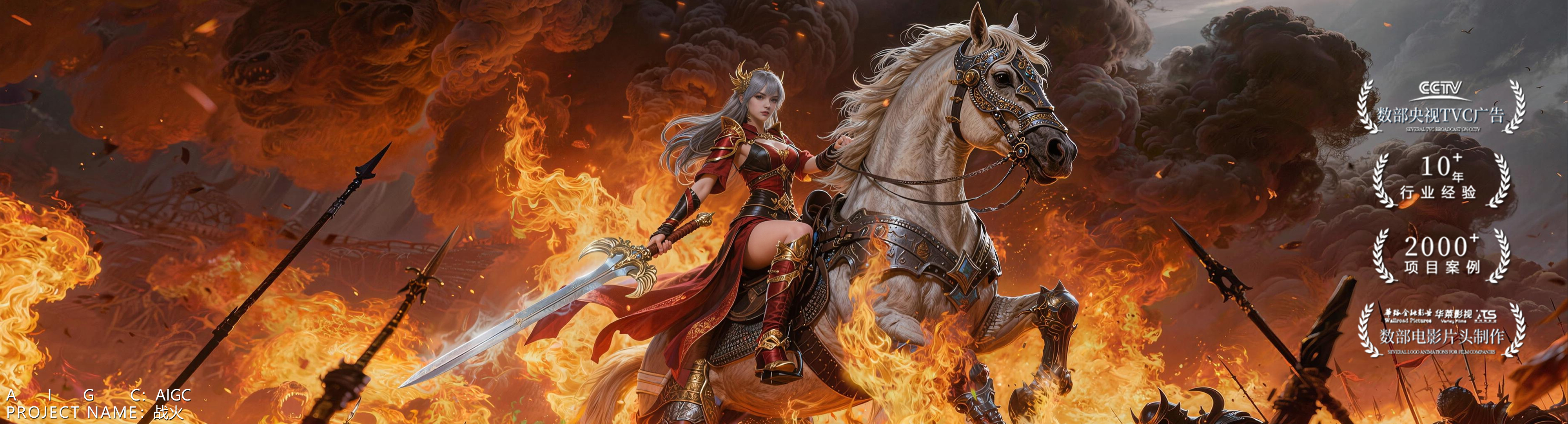 AIGC 主视觉 05:火光战场中的红衣女骑士与白马,底部标注AIGC·战火,画面右侧带宣传徽标