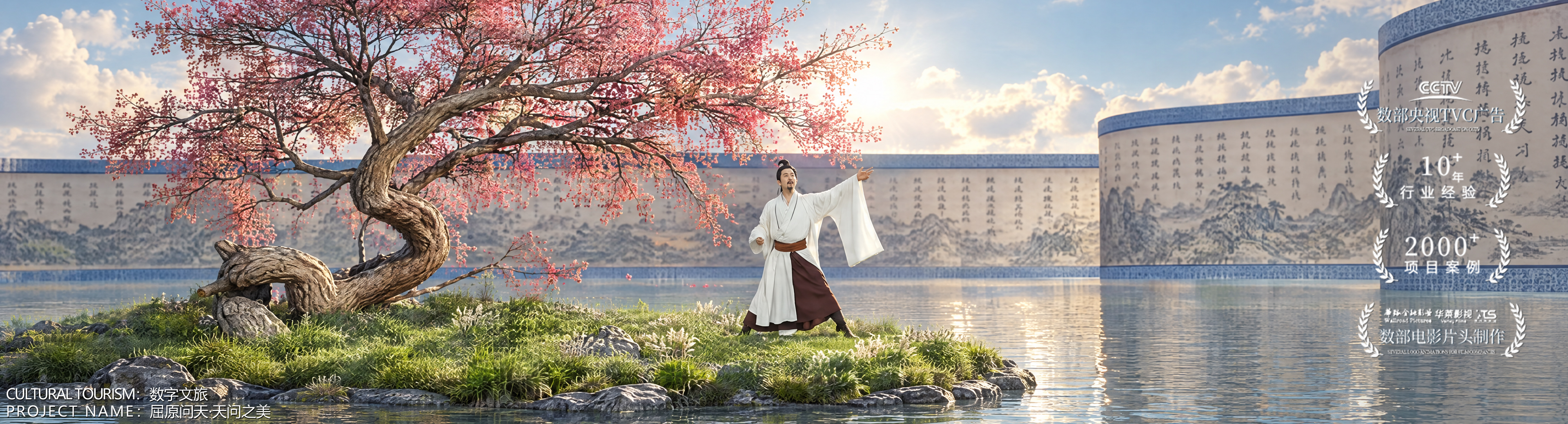 数字文旅主视觉 04:桃花树下的白衣人物与水墨纹样弧墙水景,底部标注数字文旅·屈原问天 天问之美,画面右侧带央视TVC、行业经验、项目案例等宣传标识