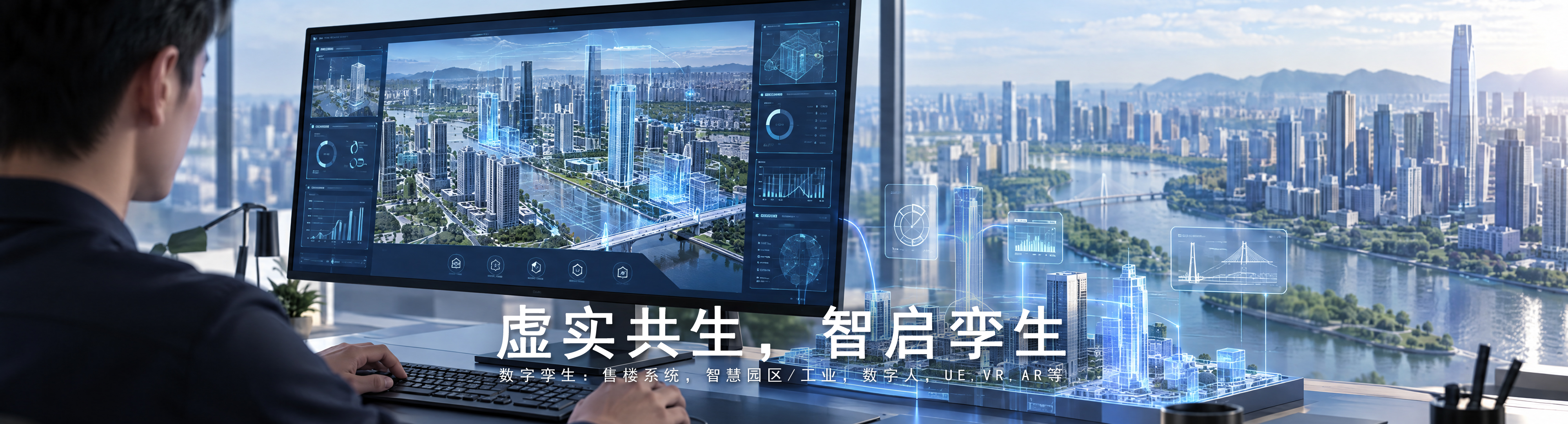 数字孪生主视觉 01:工作人员操作城市数字孪生控制台,窗外江景与蓝色全息城市模型相映,画面标题为虚实共生,智启孪生